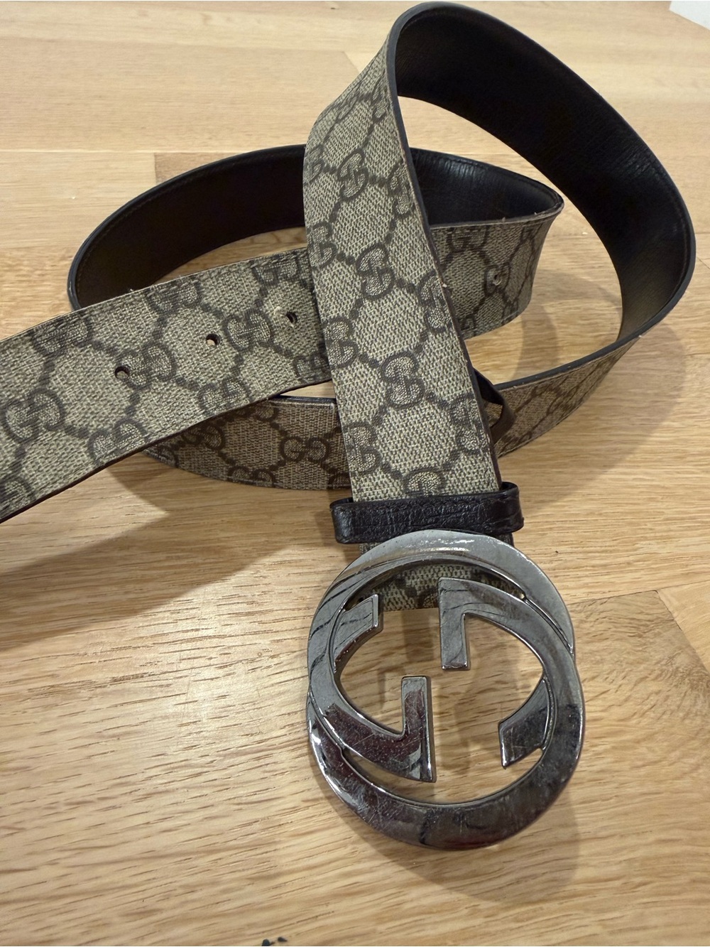 Authentic Gucci Beige GG Monogram Belt with Silver Double G Buckle
